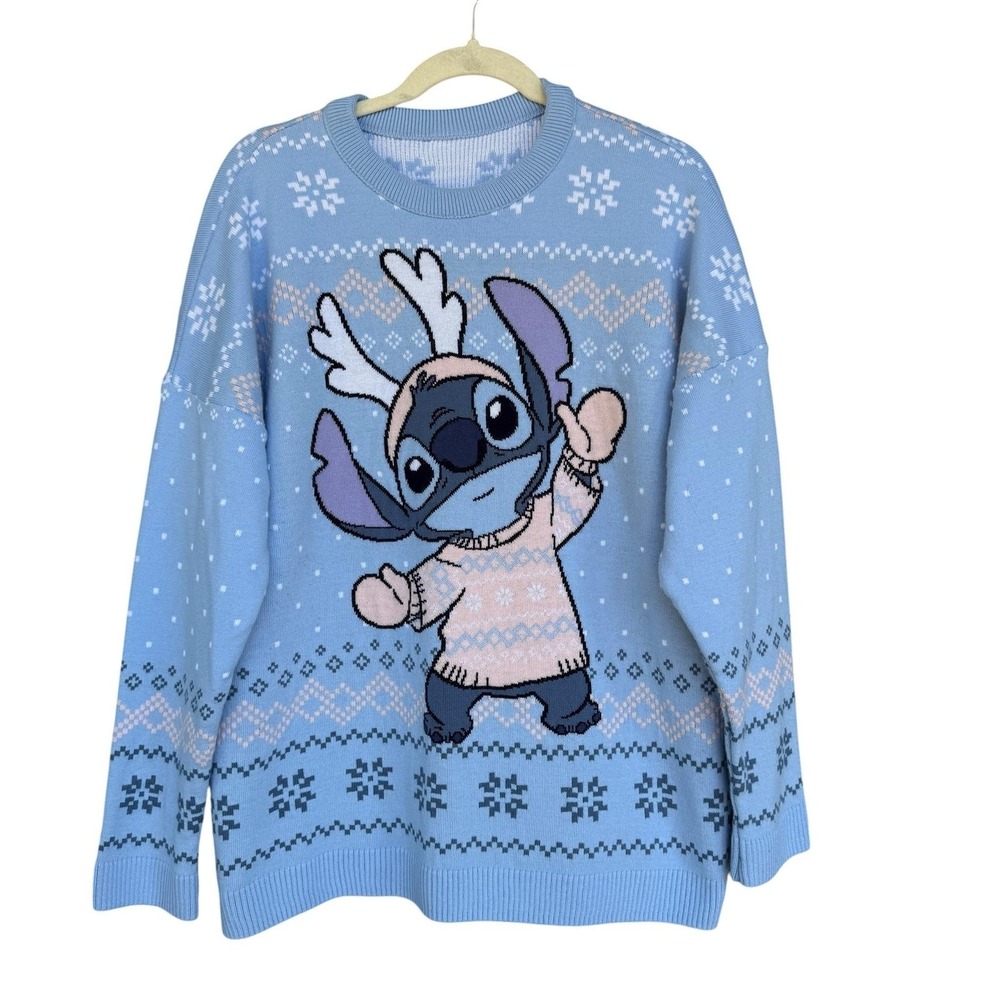 Disney Stitch Sweater Womens XL Blue Reindeer Christmas Fair Isle Ugly Knit